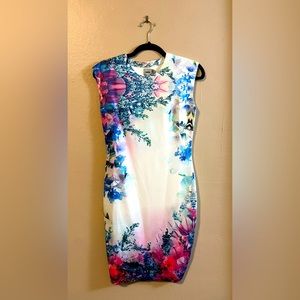 NWT ASOS Sleeveless White Blue Red Floral Scuba Midi Body-con Dress 0